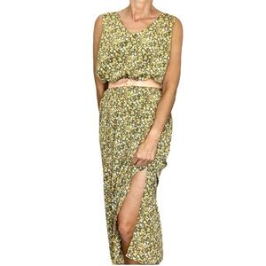 Vintage 90s Canadian made green orange peach floral sleeveless maxi dress 15/16